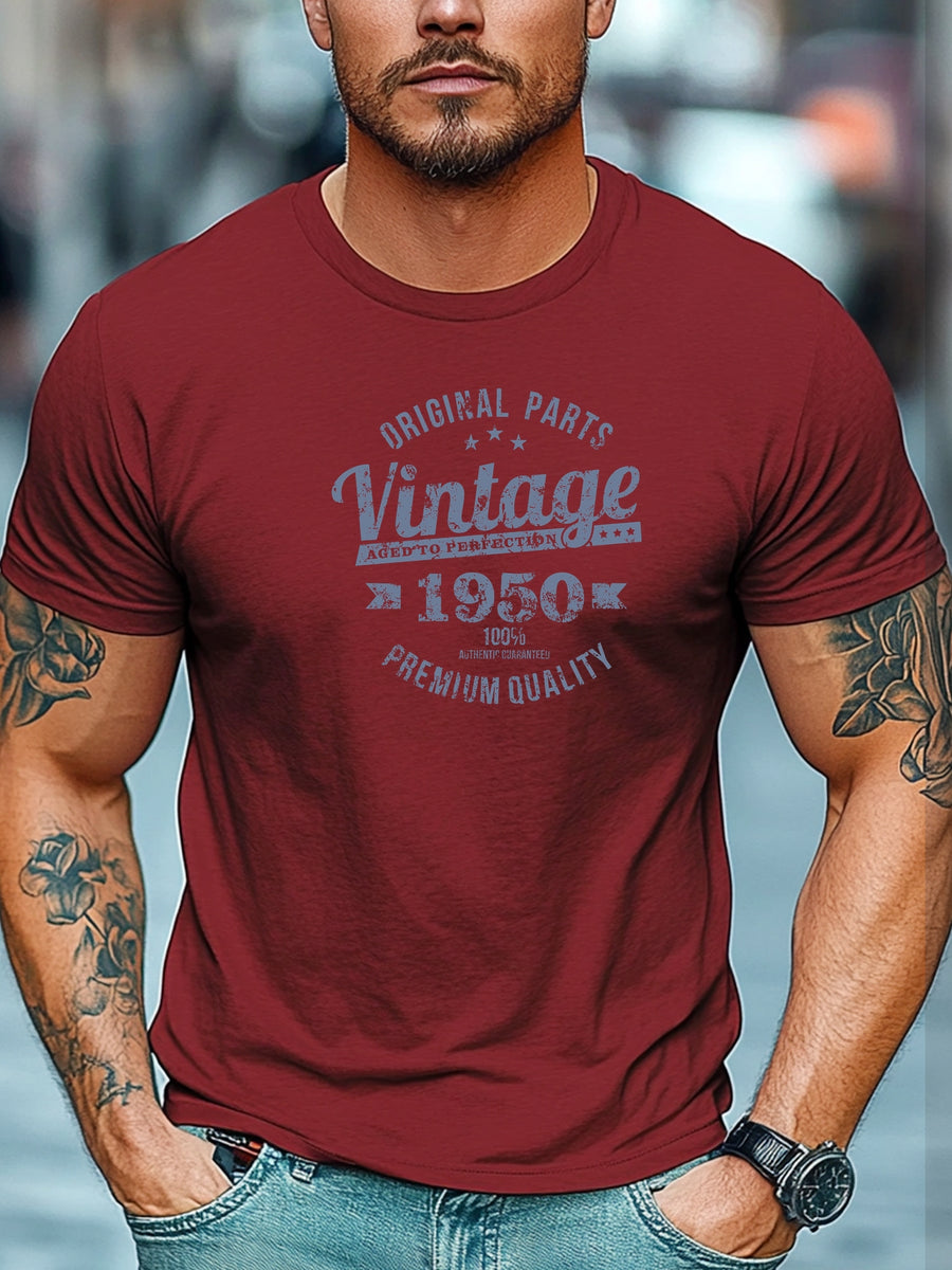 Men'S Original Parts Vintage Pattern Summer Casual Round Neck Short Sleeve T-Shirt - Deep Red