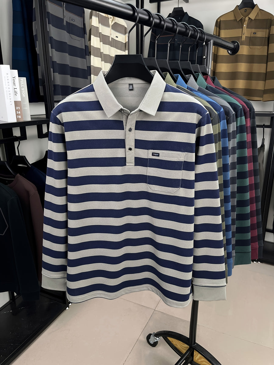Minimalist Urban Striped Long-Sleeve Polo Shirt for Portable Daily Commuting - Shallow Card