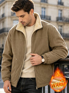 2026 New Men's Corduroy -Lined Warm Jacket, Faux Fur Design, Zipper Front, Decorative Pockets, Casual Vintage Style, Loose Autumn/Winter Outerwear, Daily Street Commuter Wear - Khaki