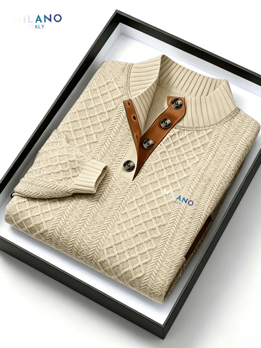 MILANO Italian Stand Collar Men'S Sweater Autumn Winter Jacquard Diamond Check Business Casual Half-Button Pullover, Knit - Khaki