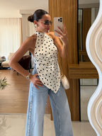2026 European and American Style Polka Dot Halter Neck Backless Top, Niche Design with Waist-Cinching Effect, Sleeveless Shirt for Women - White