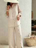 Spring/Summer Loose-Fit Shirt and Wide-Leg Pants 2pcs Set for Women, with Lace Cut-Out Back Design, a Lazy, Casual, and Commuter-Friendly Temperament Set 2A11794 - Apricot