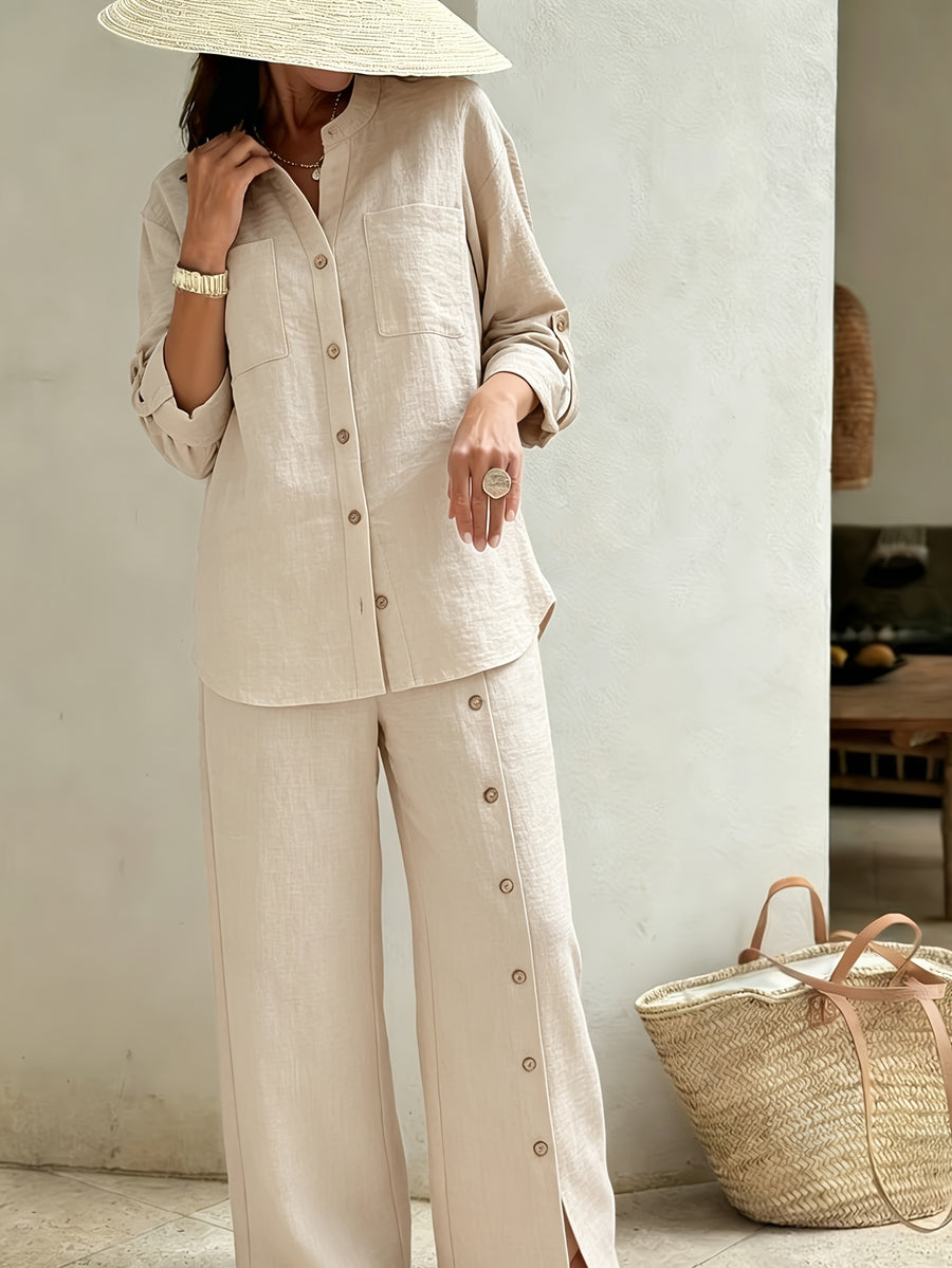Spring/Summer Loose-Fit Shirt and Wide-Leg Pants 2pcs Set for Women, with Lace Cut-Out Back Design, a Lazy, Casual, and Commuter-Friendly Temperament Set 2A11794 - Apricot