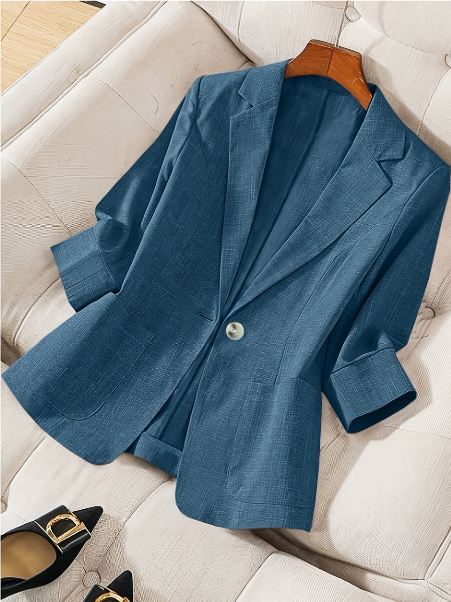 Women'S Casual Solid Single-Breasted Blazer, Spring/Summer Thin 3/4 Sleeve Lapel Coat - Blue
