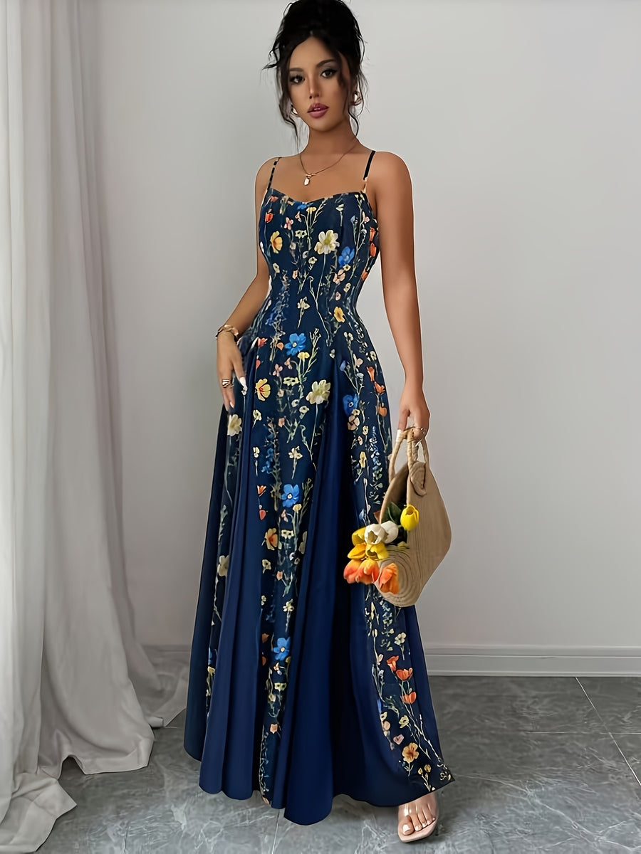 Elegant Floral Print Maxi Dress | French Romantic Spaghetti Strap, Flared Hem, Sleeveless, Backless Detail, Ideal for Spring/Summer - Navy Color