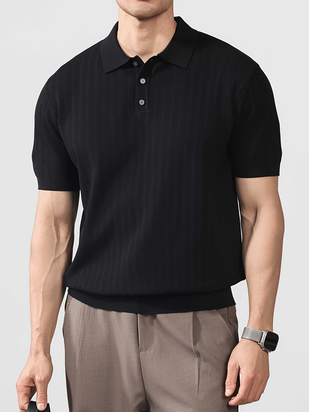 Sophisticated Casual Men'S Ice Cool Knit Polo Shirt Men'S Round Neck Bad Boy Style Short Sleeve Summer Trendy Brand POLO Shirt Lapel Top - Black