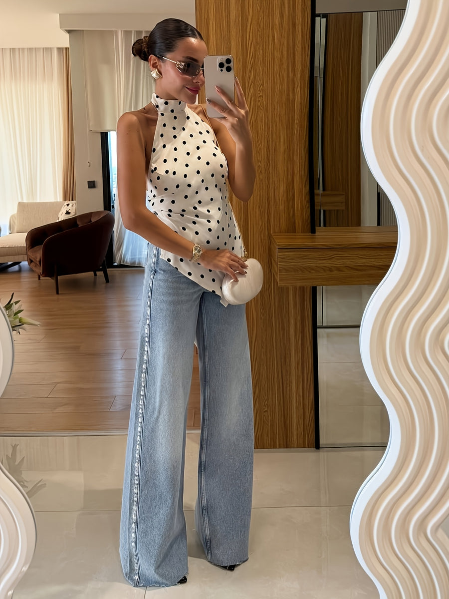 Women'S Retro Polka Dot Halter Neck Sleeveless Satin Vest, Niche Design Irregular Hem Slim Fit And Temperament Backless Top, Chic Spicy Style Versatile Outerwear And Inner Wear Vest - White