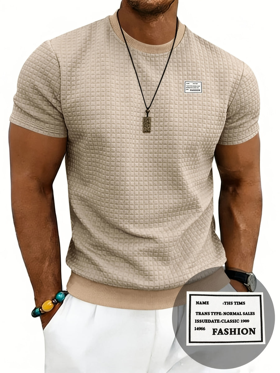 Men'S Waffle Knit T-Shirt, a Short Sleeve Crew Neck Casual Summer Top Featuring Premium Handcrafted Fashion Labeling. Made from Textured, Breathable Fabric with a Soft And Lightweight Feel, Offering a Comfortable Slim-Fit Design - Khaki