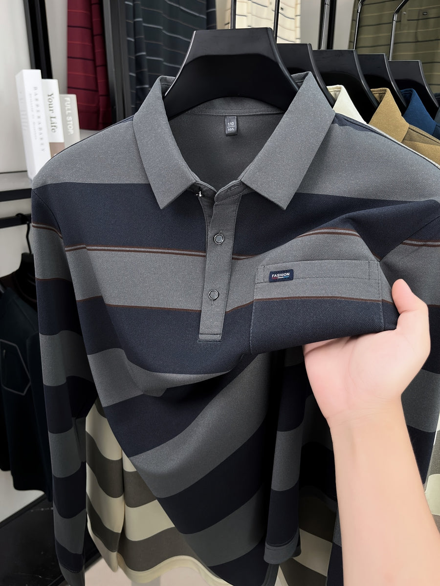 Autumn Men'S Long Sleeve T-Shirt 2026 New Style Wide Stripe Lapel with Real Pockets Casual Long Sleeve POLO Shirt - Grey