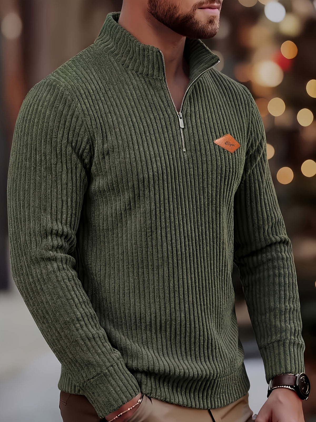 Men's Fashion Top, Autumn/Winter Outdoor Casual Solid Color Round Neck Zip-Up Long Sleeve Jacket Henley Shirt - fern green