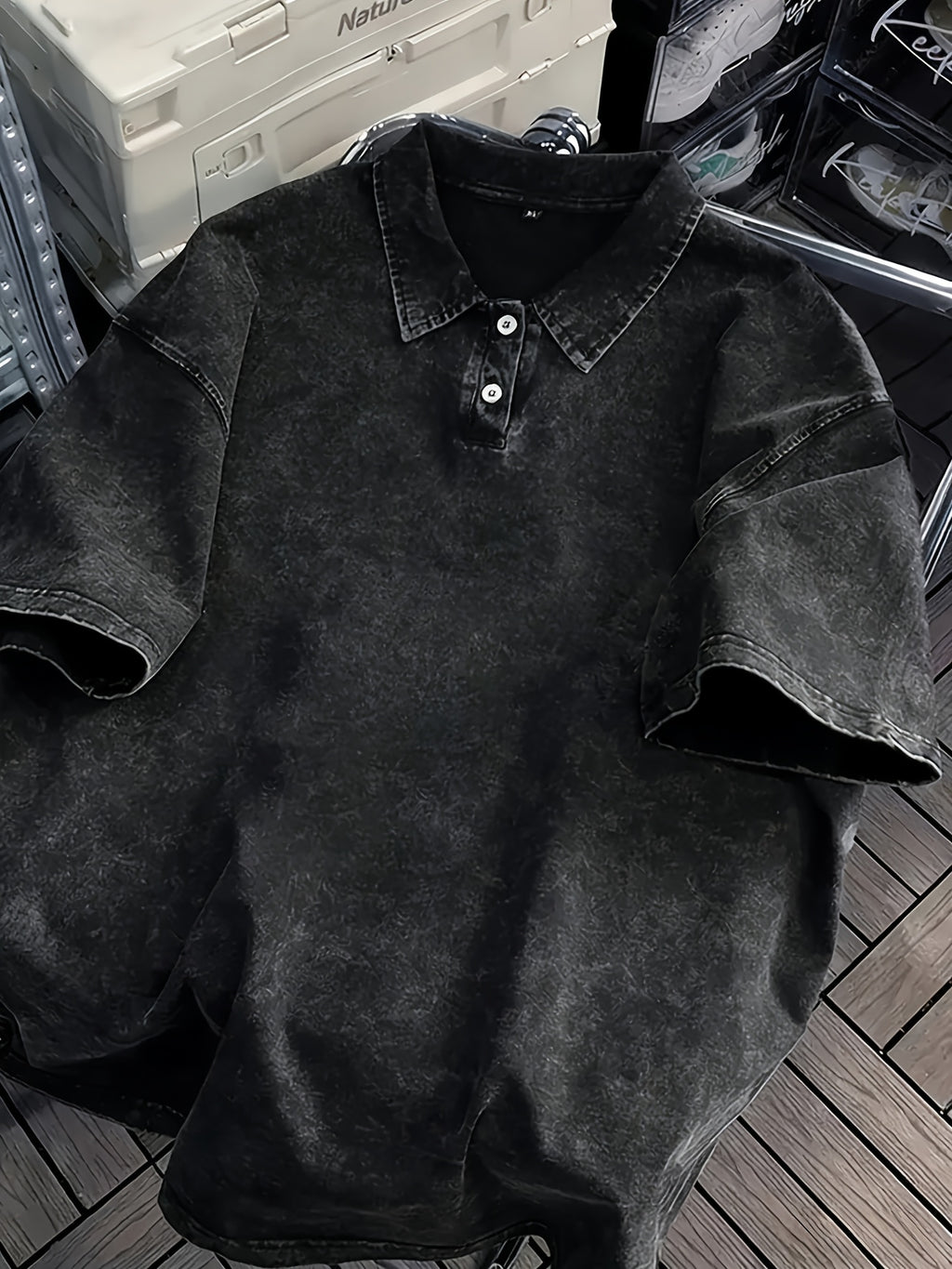 New American Hip-Hop Punk Style Washed Black Short Sleeve Lapel Loose T-Shirt for Men And Women - Retro Distressed Design, Lightweight And Breathable Fabric, Streetwear Trendy Loose Top, Suitable for Casual Wear And Outerwear - Black