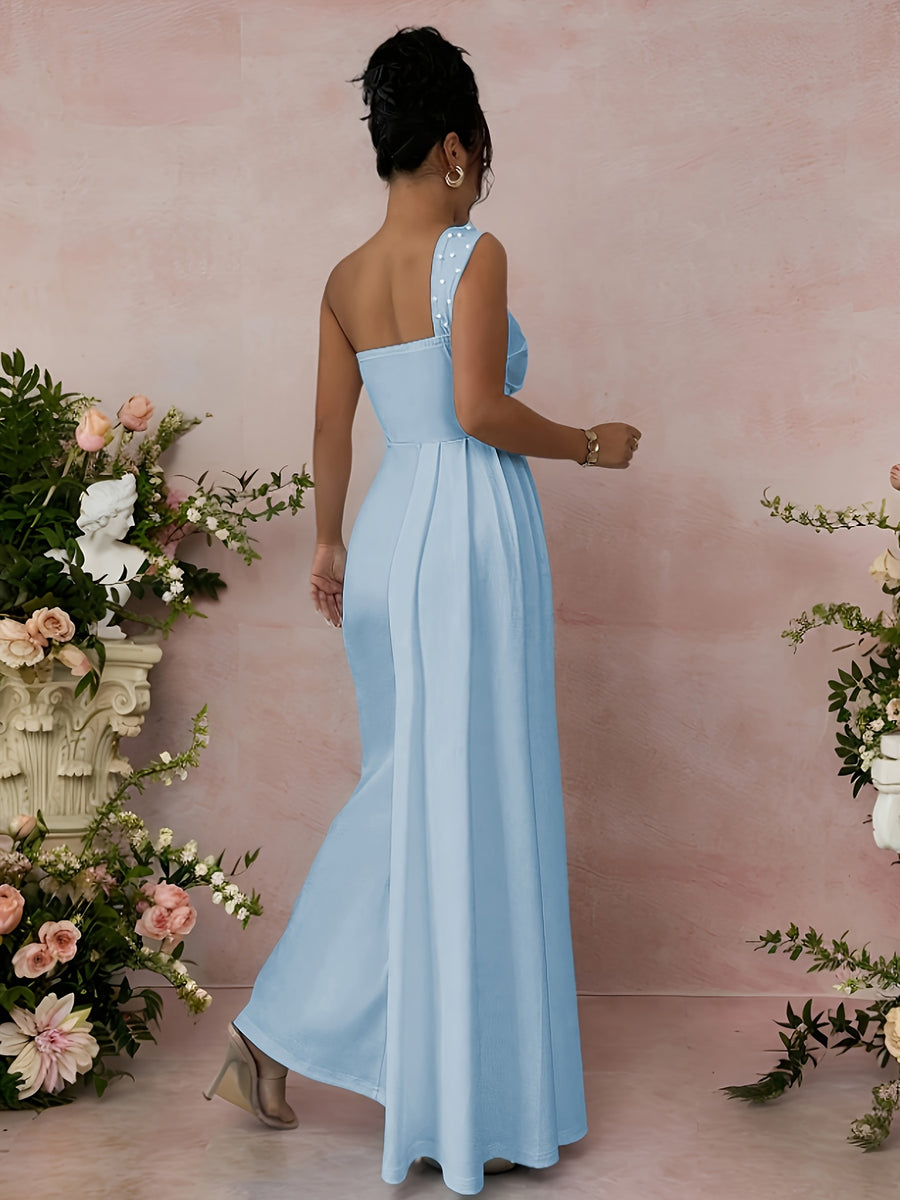 Women's Beaded Pleated Waist Fitted Bridesmaid Dress, Suitable for Dates, Parties, Festivals, Valentine's Day, and Daily Wear - Blue