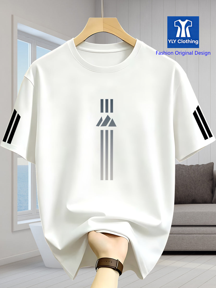 2026 Latest Casual T-Shirt for Men, Featuring a Easy Geometric Pattern And Short Sleeves. It Is Comfortable And Versatile to Wear, with a Design That Combines Vertical Stripes And Triangular Elements - White