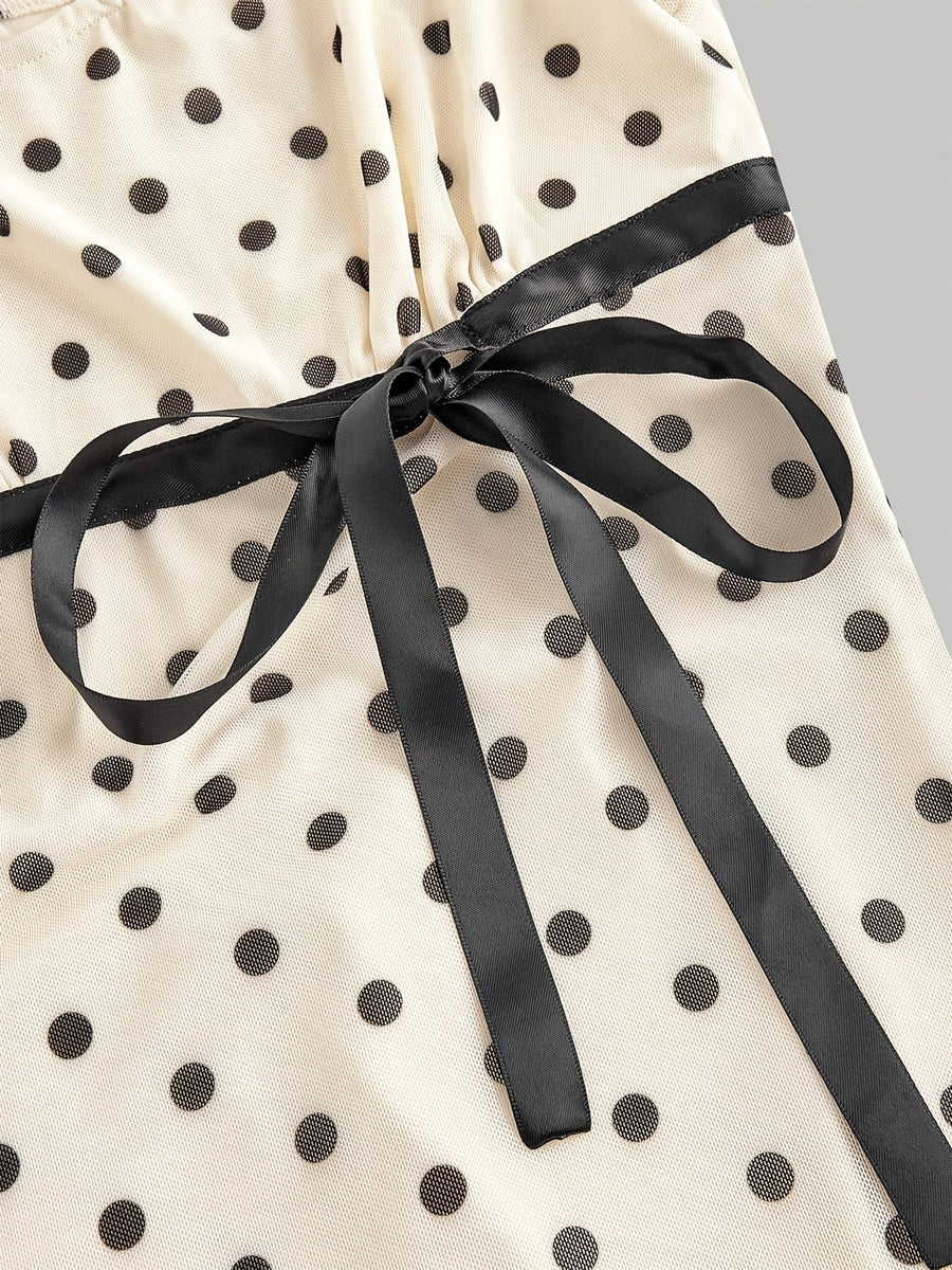 Square Neck Dress, Summer Pure Desire Style Bow Waist Cinching Short Bodycon Skirt, Sweet Style Printed Dress, Summer Date Ribbon Bow Waist Cinching Mesh Mini Skirt, Suitable for Birthday Parties, Weekend Parties, and Vacation Outings - Apricot
