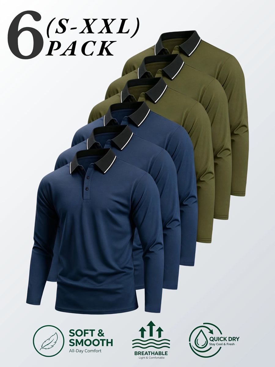 6pcs/Set Striped Lapel Long Sleeve Casual Sports Mesh Quick-Dry Breathable Comfortable POLO Shirt Basic Solid Color - Navy Blue 3 + Dark Green 3