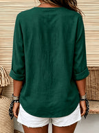 Women'S Solid Color V-Neck Long-Sleeved Shirt, Loose And Single-Breasted Casual Daily Vacation Top - Dark Green