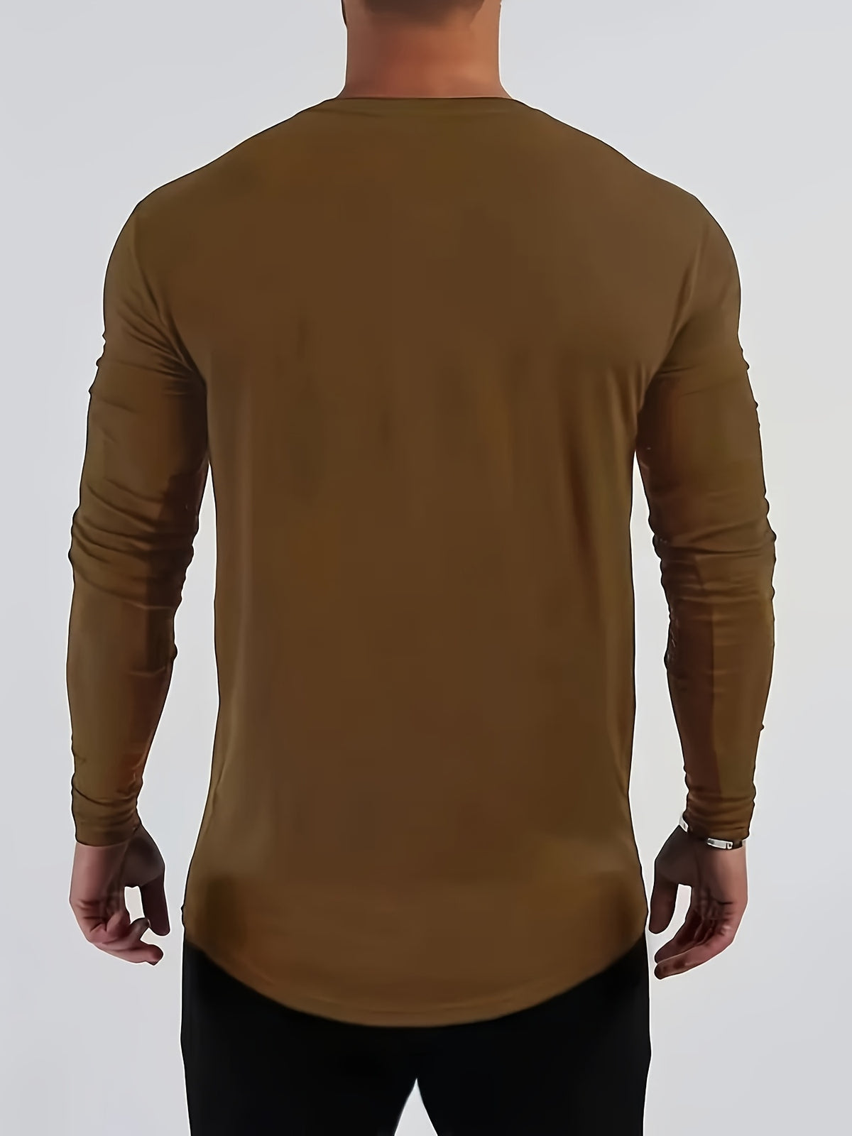 Men's Spring/Autumn Long-Sleeve Shirt T-Shirt - -Compatible Suitable for Casual & -Casual Wear, Round Neck -Fit Shirt, Machine Washable Non- Top for Daily Office, Semi-Formal Outfits (No Belt) - COFFEE COLOR