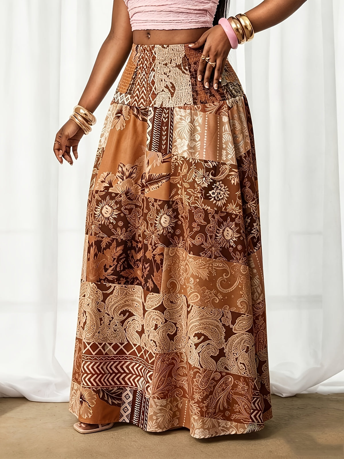 2026 New Spring/Autumn Women'S Bohemian Digital Print High-Waist Loose Maxi Skirt, High-Waist Design with Shirred Waist, Loose And Flowing, Comfortable Casual, Fashionable Women'S Digital Print Midi Skirt, Beach Vacation And Holiday Wear - Brown
