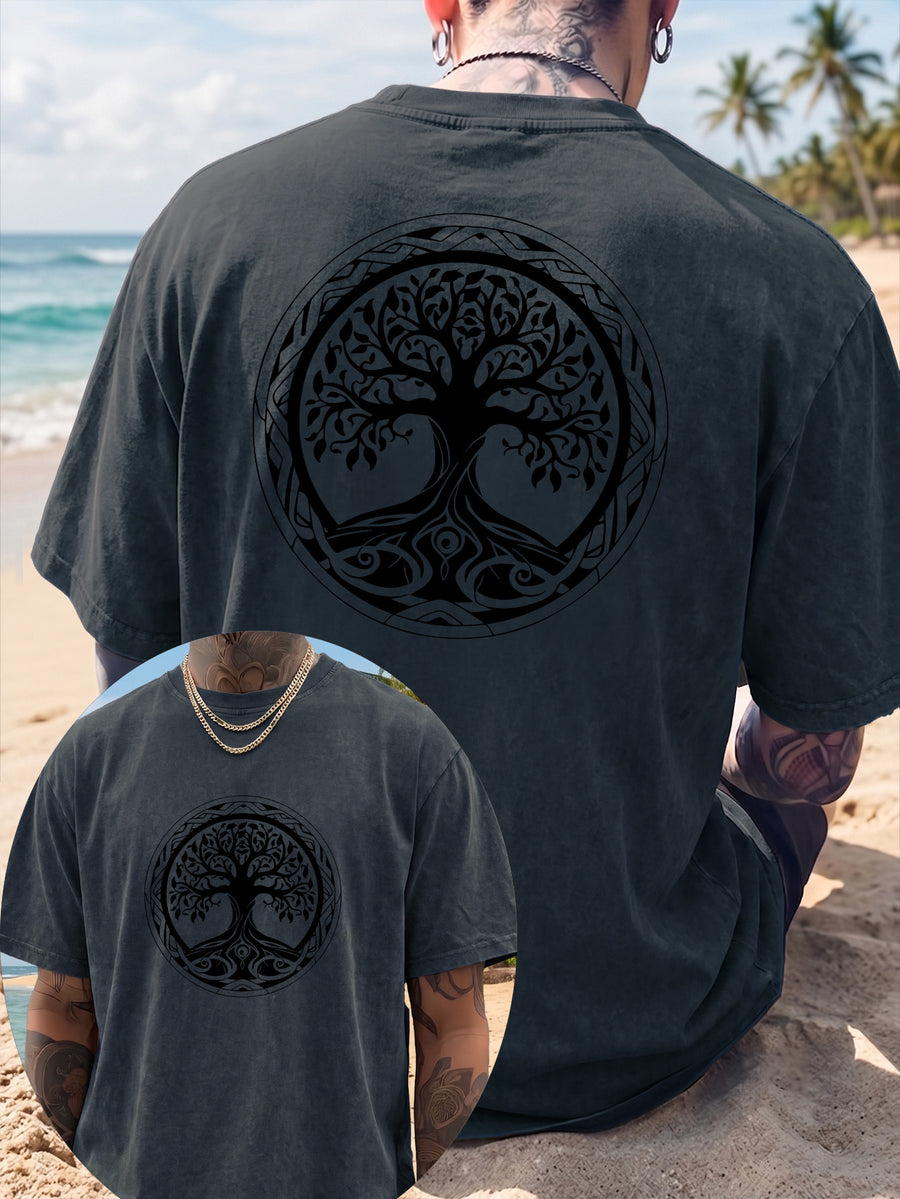 Short Sleeve T-Shirt Men'S Loose Washed Distressed Tree of Life Round Totem Trendy Double-Sided Print 12 Colors Random Match American Street High Street Hip-Hop Top Casual Outing Commuting Sports Fitness Couple Style Statement Y2K National Trend Sho - Navy Color
