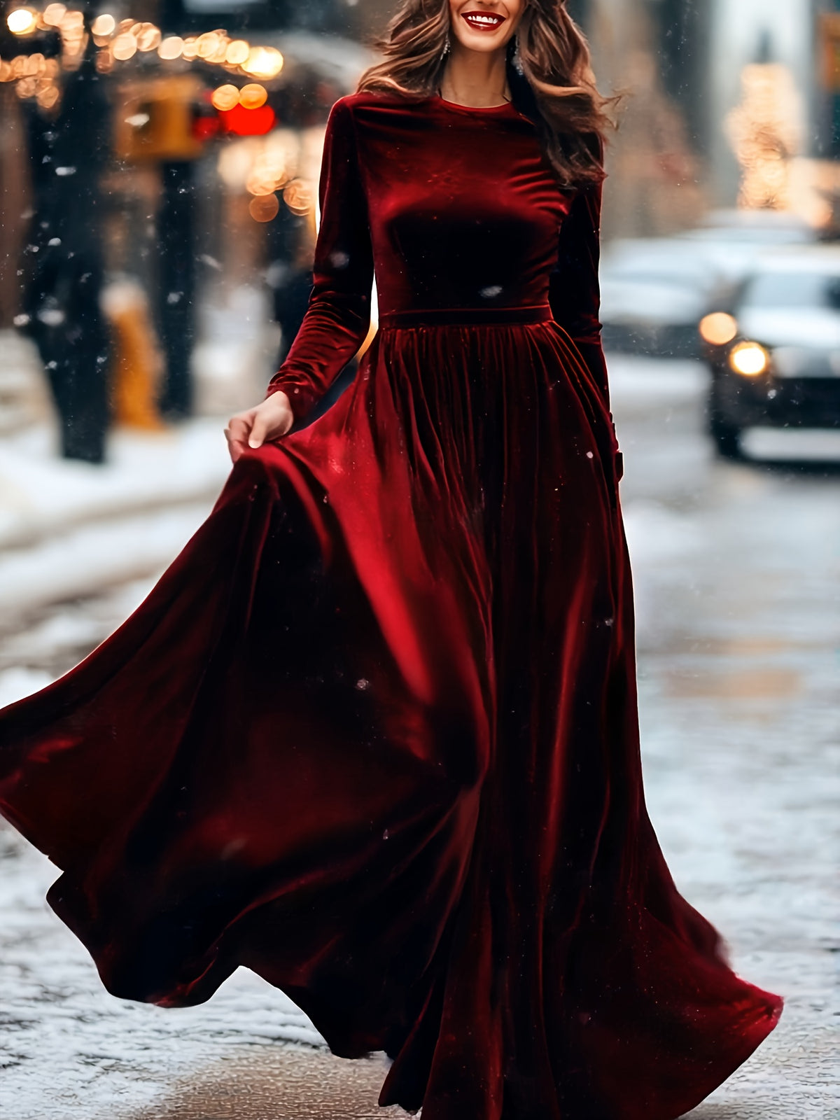 Burgundy Velvet Dress with Round Neck And Long Sleeves, A-Line Skirt Suitable for Vacation And Banquets, Light Dress Long Gown - Burgundy