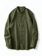 Spring And Autumn Men'S Stand-Collar Long Sleeve Shirt, Retro Solid Color Loose Shirt, Casual Commute Versatile Top, Spring And Autumn Shirt, Retro Basic Style Shirt, Commute Men'S Wear, Easy Versatile Shirt, Chinese Collar Long Sleeve Shirt - Military Green