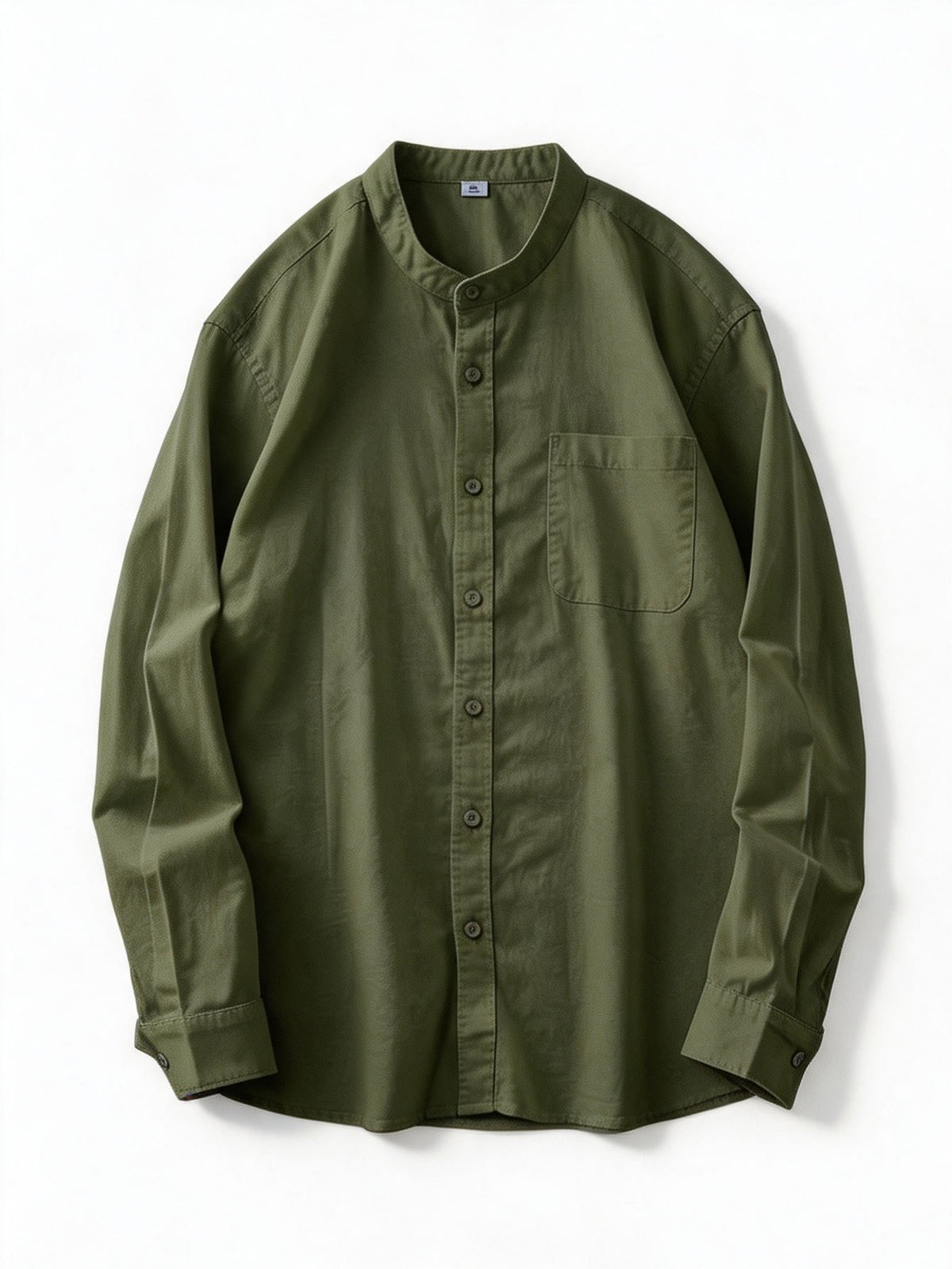 Spring And Autumn Men'S Stand-Collar Long Sleeve Shirt, Retro Solid Color Loose Shirt, Casual Commute Versatile Top, Spring And Autumn Shirt, Retro Basic Style Shirt, Commute Men'S Wear, Easy Versatile Shirt, Chinese Collar Long Sleeve Shirt - Military Green
