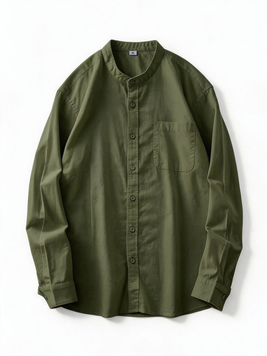 Spring And Autumn Men'S Stand-Collar Long Sleeve Shirt, Retro Solid Color Loose Shirt, Casual Commute Versatile Top, Spring And Autumn Shirt, Retro Basic Style Shirt, Commute Men'S Wear, Easy Versatile Shirt, Chinese Collar Long Sleeve Shirt - Military Green