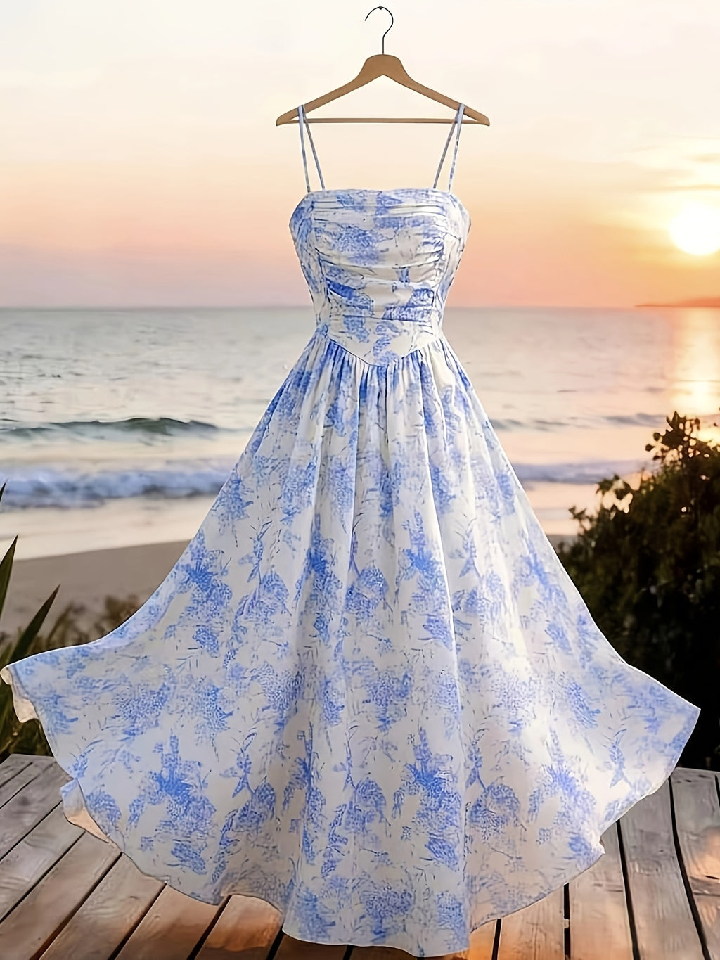 Women'S Elegant Temperament/Cami Dress with Front Pleats And Back Tie, Floral Print Fitted Dress, Waist-Cinching, Gentle Style, Vacation Look, Suitable for Dates, Travel, Parties, Gatherings, Beachwear, Commute - Multicolor