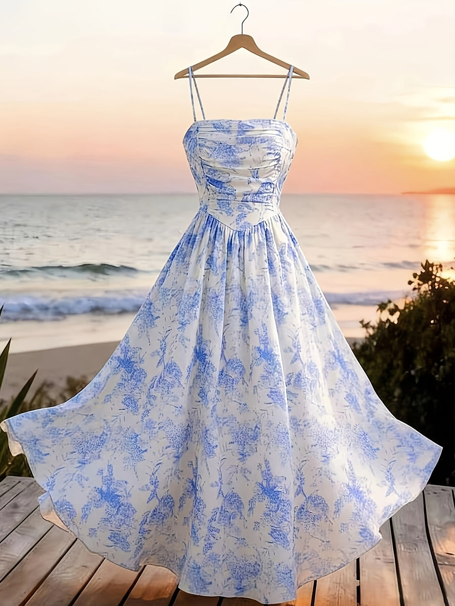 Women'S Elegant Temperament/Cami Dress with Front Pleats And Back Tie, Floral Print Fitted Dress, Waist-Cinching, Gentle Style, Vacation Look, Suitable for Dates, Travel, Parties, Gatherings, Beachwear, Commute - Multicolor