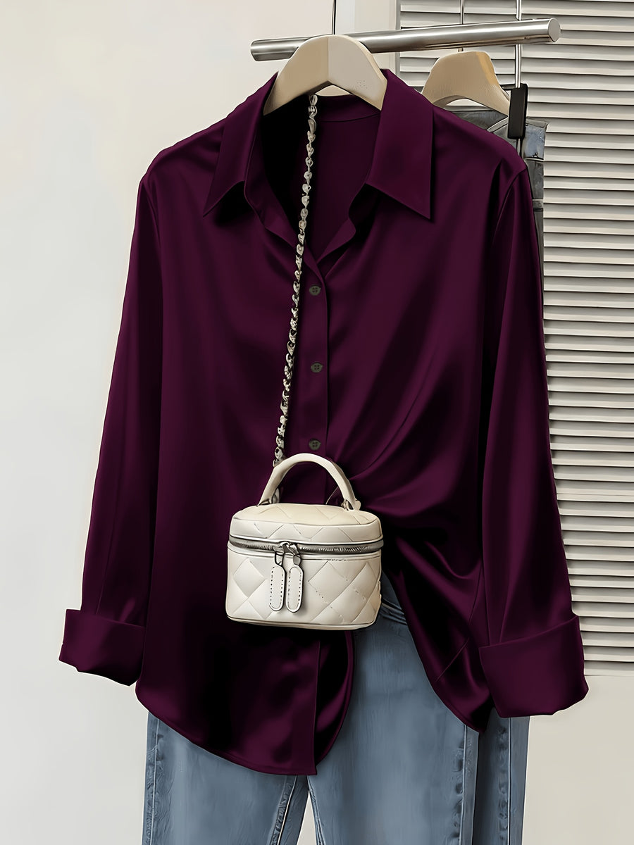 Women's Spring/Autumn Elegant and Versatile Satin Commuter Shirt - Fuchsia