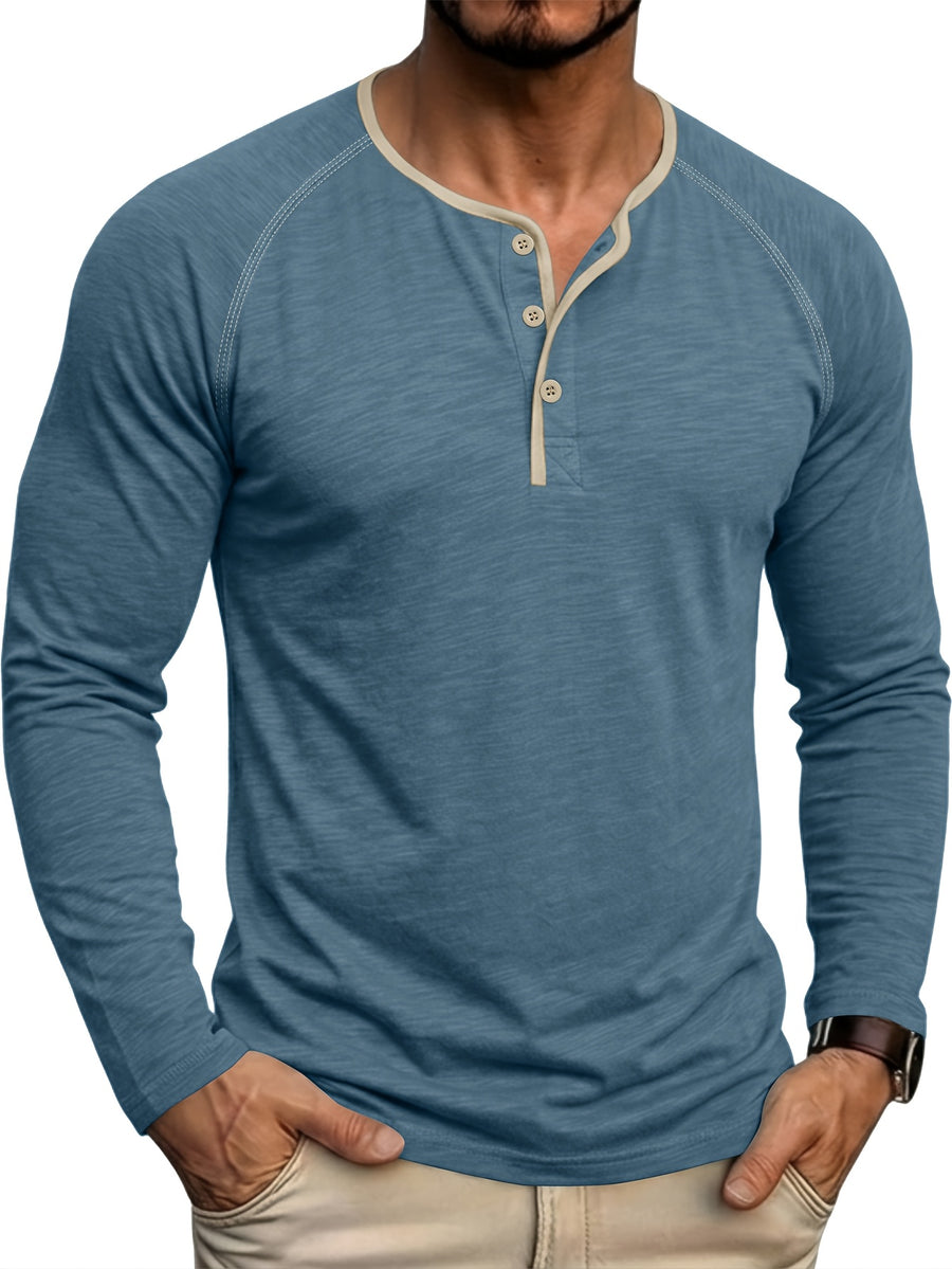 Autumn/Winter Cross-Border Men's Long Sleeve Crew Neck Henley Shirt, European and American Style Men's Pullover Base Layer T-Shirt - Cow Blue