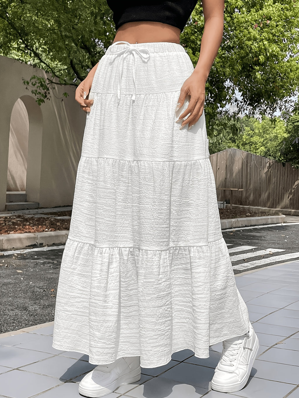 Elegant Special Women's White Summer Bohemian Vacation Style Dress, Casual Women's Dress with Drawstring Ruffled Hem, Multi-Layered Long Regular Fit Solid Color Daily Wear Dress - White