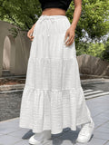 Elegant Special Women's White Summer Bohemian Vacation Style Dress, Casual Women's Dress with Drawstring Ruffled Hem, Multi-Layered Long Regular Fit Solid Color Daily Wear Dress - White
