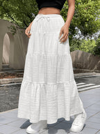 Elegant Special Women's White Summer Bohemian Vacation Style Dress, Casual Women's Dress with Drawstring Ruffled Hem, Multi-Layered Long Regular Fit Solid Color Daily Wear Dress - White