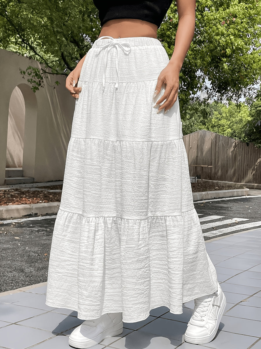 Elegant Special Women's White Summer Bohemian Vacation Style Dress, Casual Women's Dress with Drawstring Ruffled Hem, Multi-Layered Long Regular Fit Solid Color Daily Wear Dress - White