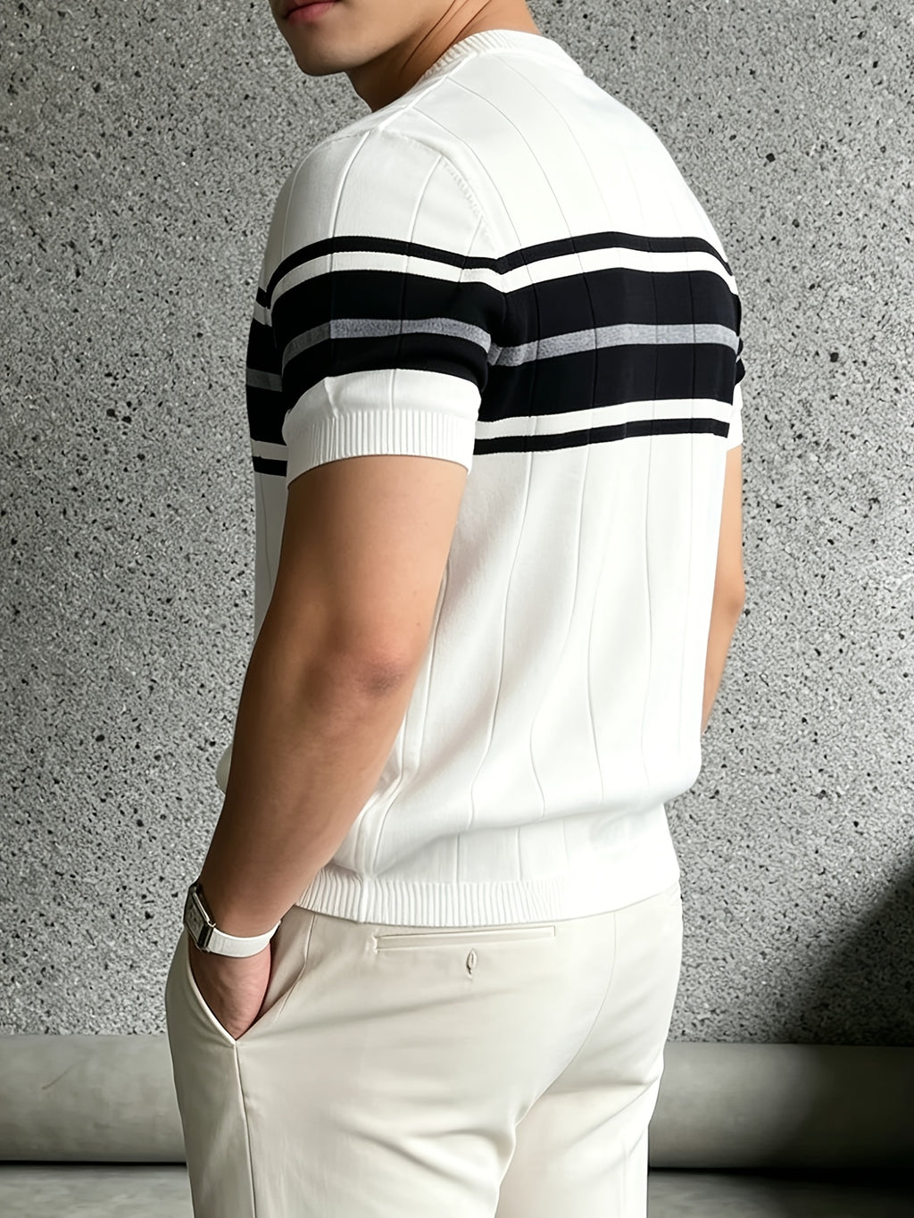 Men'S Color-Block Short-Sleeve Knit Pullover, Regular Round Neck Top, Business Casual Summer New - White