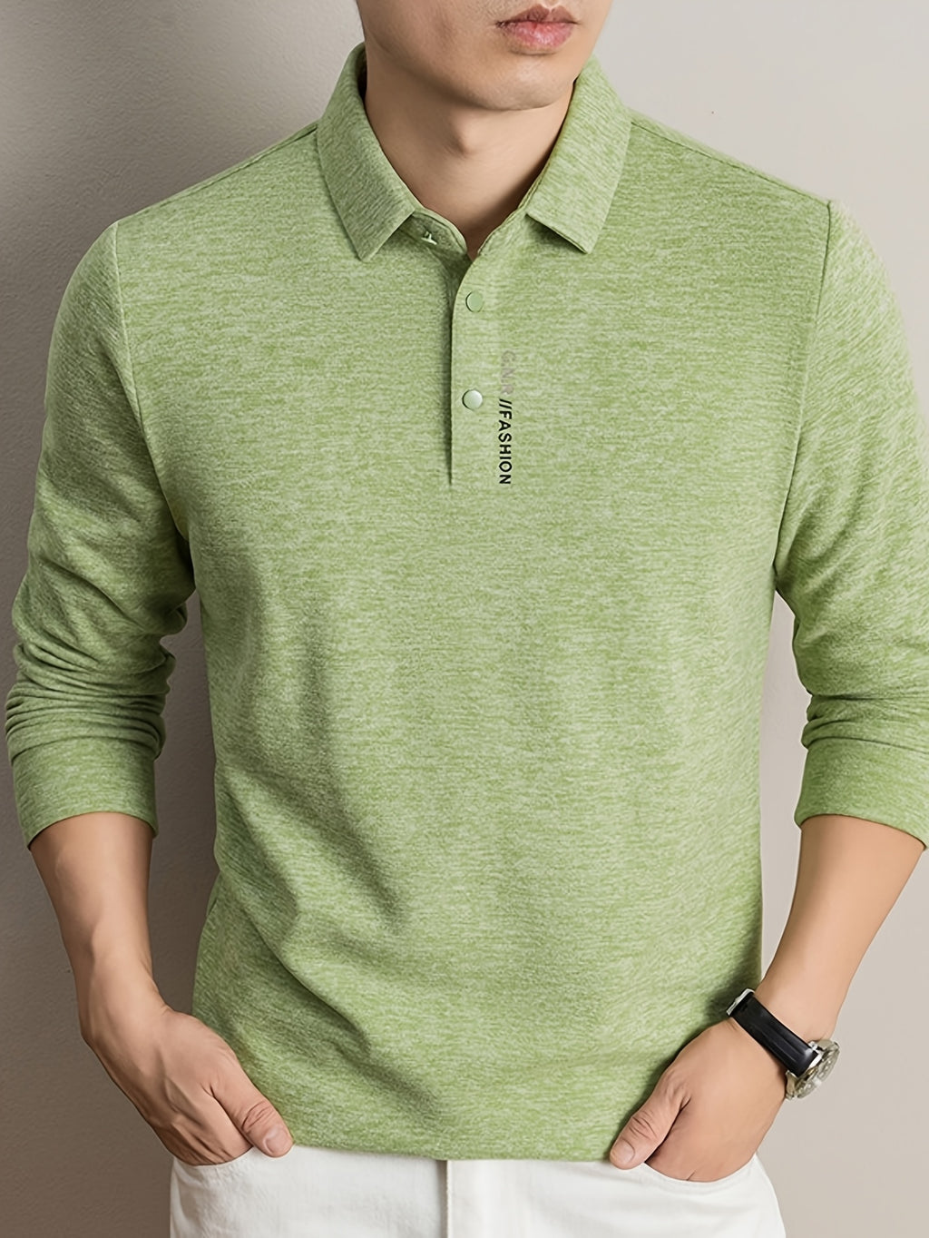 New Autumn 2026 Men's Long-Sleeve T-Shirt, Solid Color Lapel, Simple Daily Wear, Casual Polo Shirt - Green