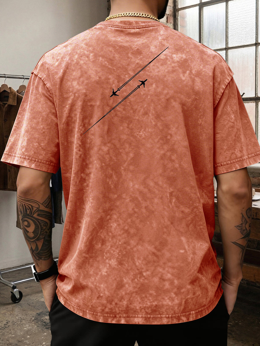 Men'S Heavyweight Washed T-Shirt Minimalist Airplane Line Art Print High Street Vintage Distressed Tee 2026 Summer Casual Urban Wear - Orange