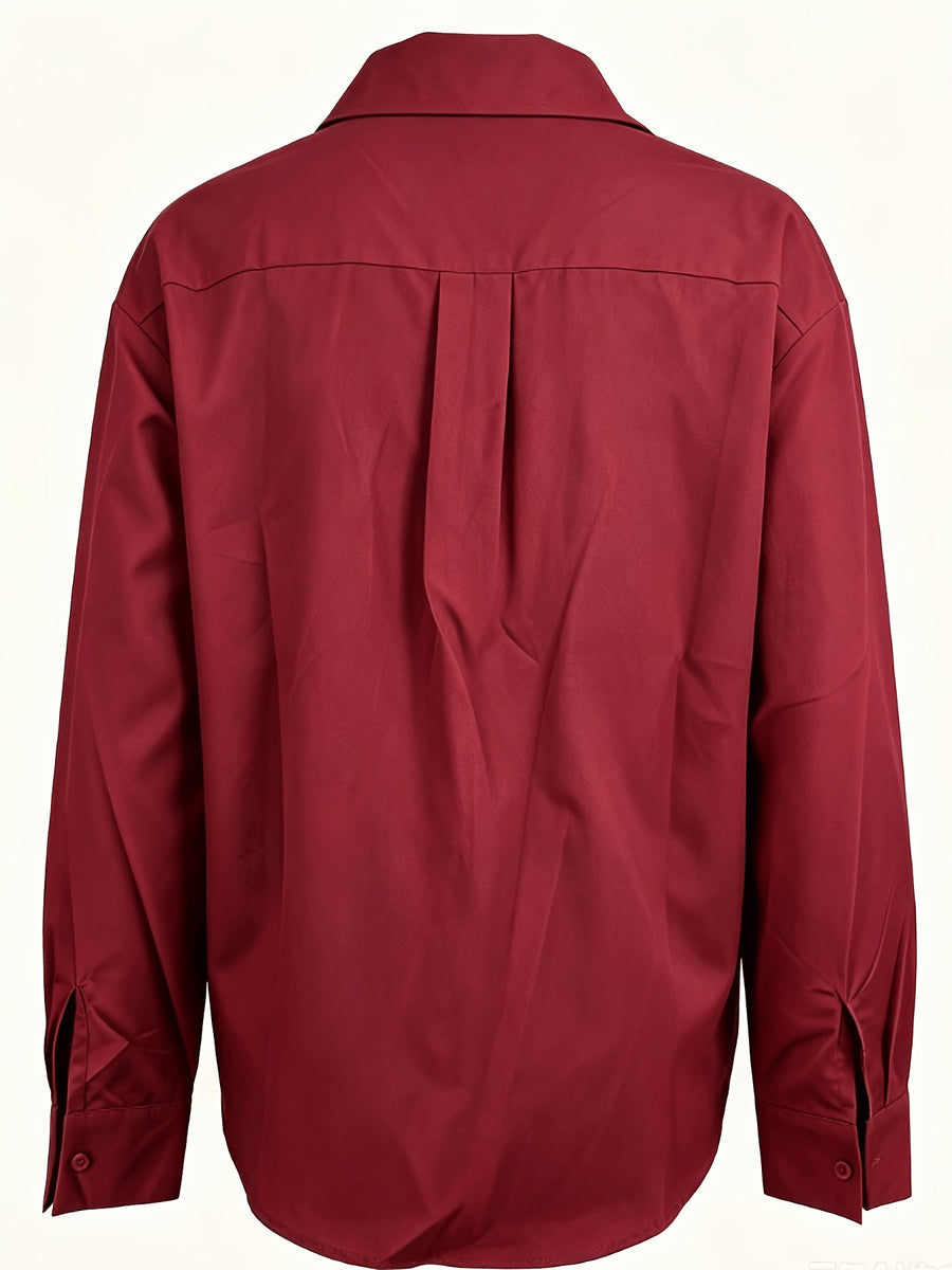 2026 Spring New Arrival Women's Large Button Shirt, Loose Fit Silhouette, Conceals Figure and, French-Style Commuter Elegance Long Sleeve Blouse, Versatile Designer Top - Burgundy