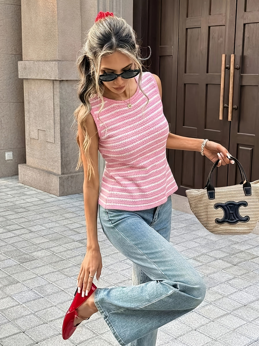 Summer Elegant Commute Vacation Date Back Contrast Bow Stripe Round Neck Sleeveless Vest Women'S Clothing - Pink