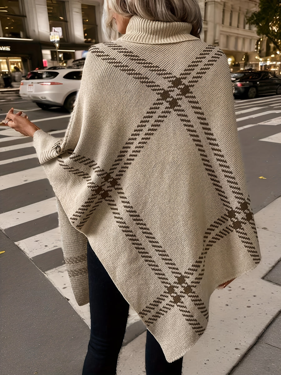 Elegant Special "Pure Body Bust" 1pc Elegant Women's Plaid High-Neck Pullover Shawl, Side Faux Button Decoration, Asymmetrical Hem Design, 100% Polyester, Fashionable Vintage Pullover, Elegant Outerwear for Autumn and Winter. Suitable for Spring - Apricot
