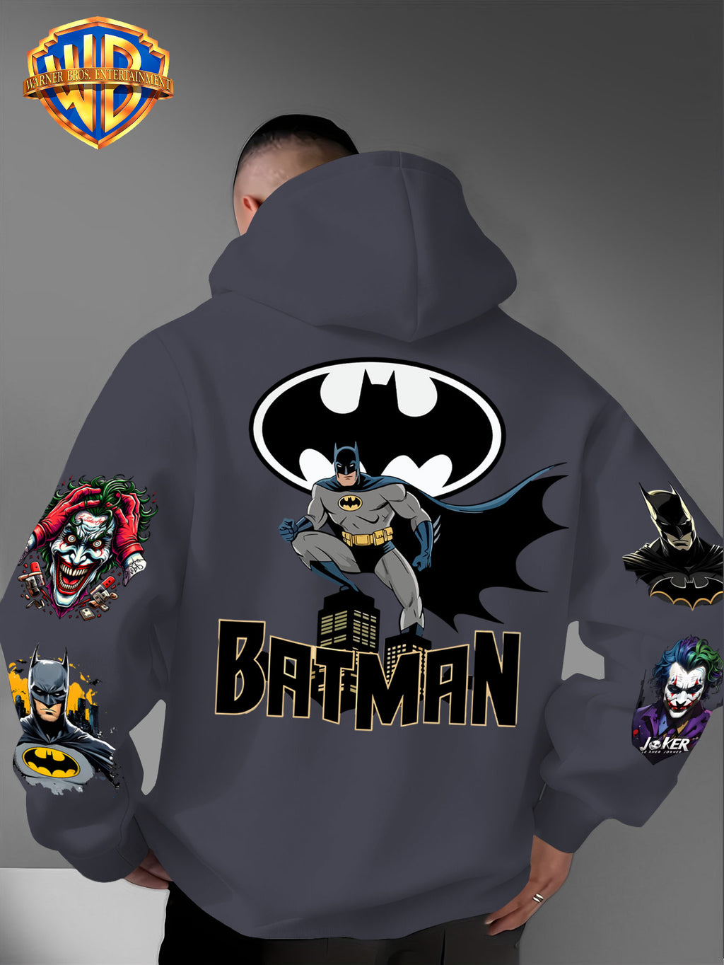 DC Batman Joker IP Official Hooded Sweatshirt with Gotham Crouching Batman on the Back + Bat Logo Themed Print, Drawstring Loose Hoodie, Wear-Resistant and Wash-Resistant Autumn/Winter Trendy Top - Dark Gray