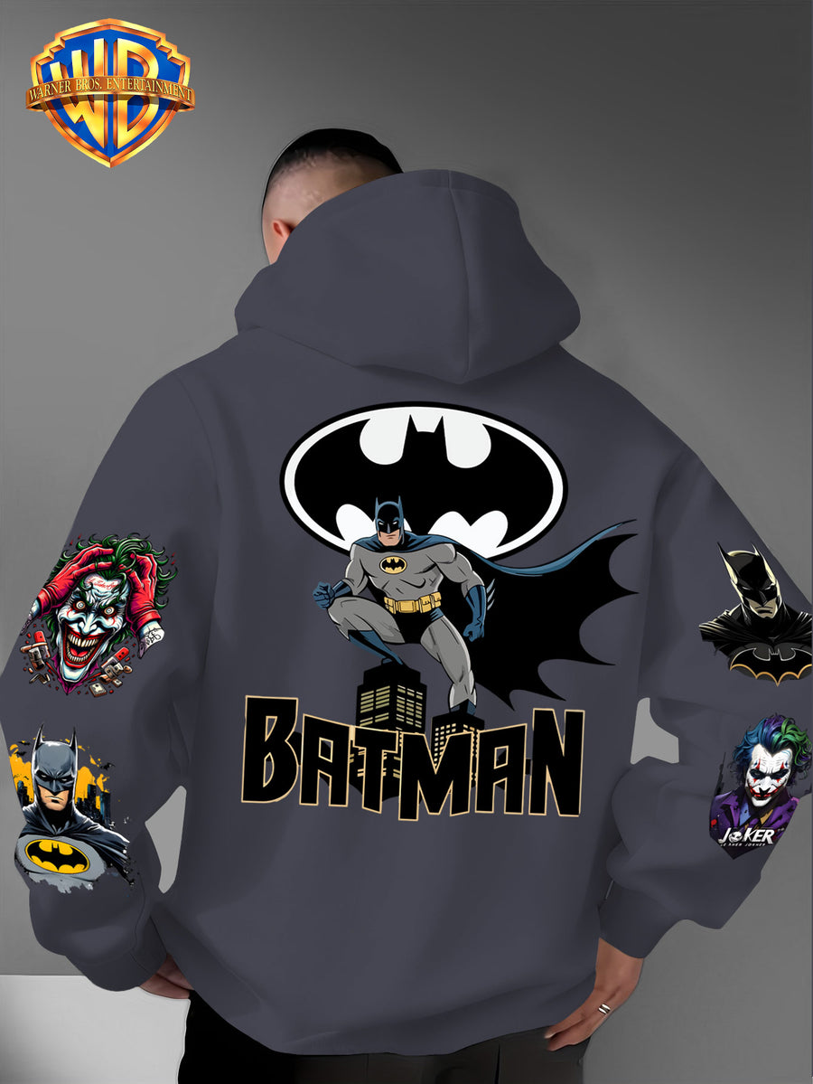 DC Batman Joker IP Official Hooded Sweatshirt with Gotham Crouching Batman on the Back + Bat Logo Themed Print, Drawstring Loose Hoodie, Wear-Resistant and Wash-Resistant Autumn/Winter Trendy Top - Dark Gray