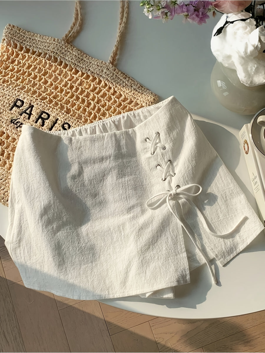 Women's Casual Daily Commuter Simple Solid-color Belted Slit Culottes, Summer Comfortable Breathable Short Skirt Half Skirt - White