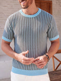Summer Vertical Striped Knit Sweater Short Sleeve, Men'S Breathable Round Neck Vacation Casual Top - Sky Blue