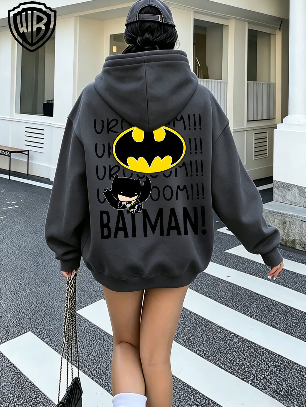 Everyday Casual Zip-Up Hooded Cardigan Jacket, Officially Licensed Warner Bros. DC Batman with Classic Bat Logo, Paired with Vintage "BOOM" Onomatopoeic Fun Lettering Font, Featuring Multiple Dark Hero-Style Prints on the Garment, a Simple and Cool - Grey