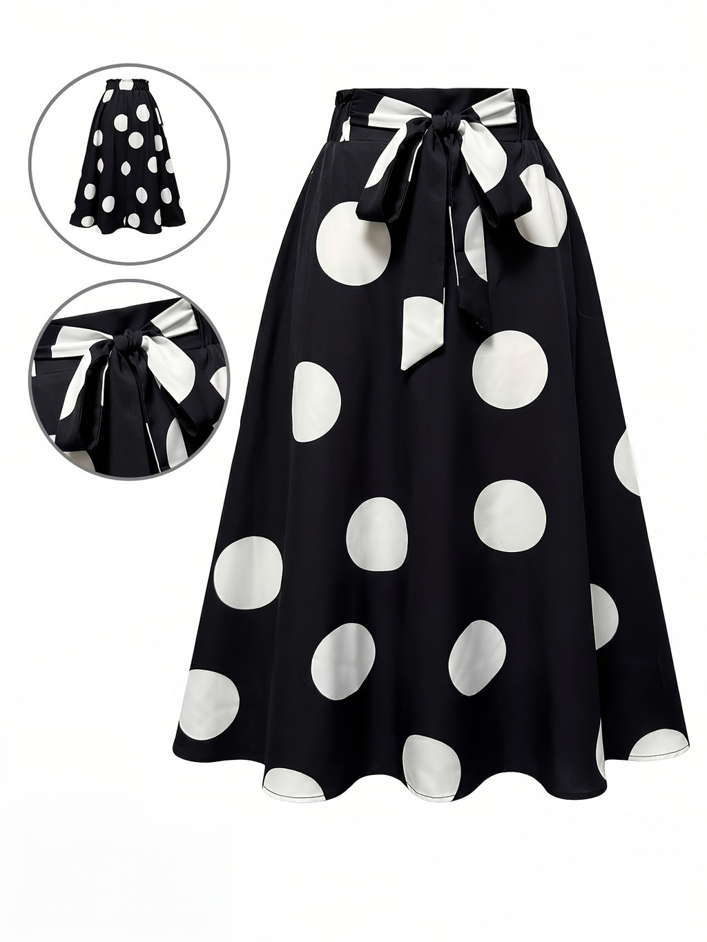 Hot Women's Trendy Fashion Color Block Casual Printed Waist-Tie Bow Elegant Versatile Commuter Style A-Line Skirt - White