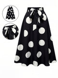 Hot Women's Trendy Fashion Color Block Casual Printed Waist-Tie Bow Elegant Versatile Commuter Style A-Line Skirt - White