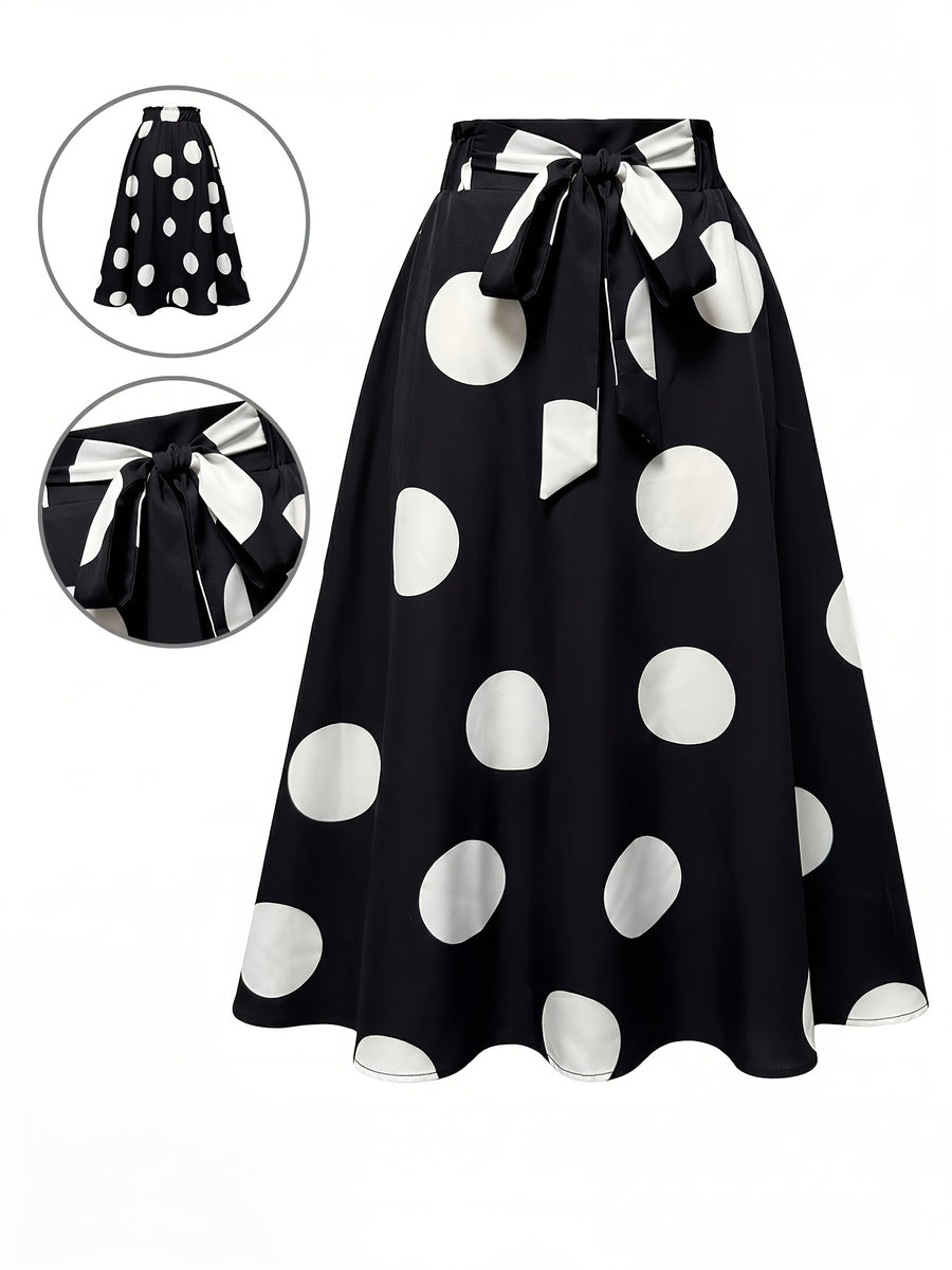 Hot Women's Trendy Fashion Color Block Casual Printed Waist-Tie Bow Elegant Versatile Commuter Style A-Line Skirt - White