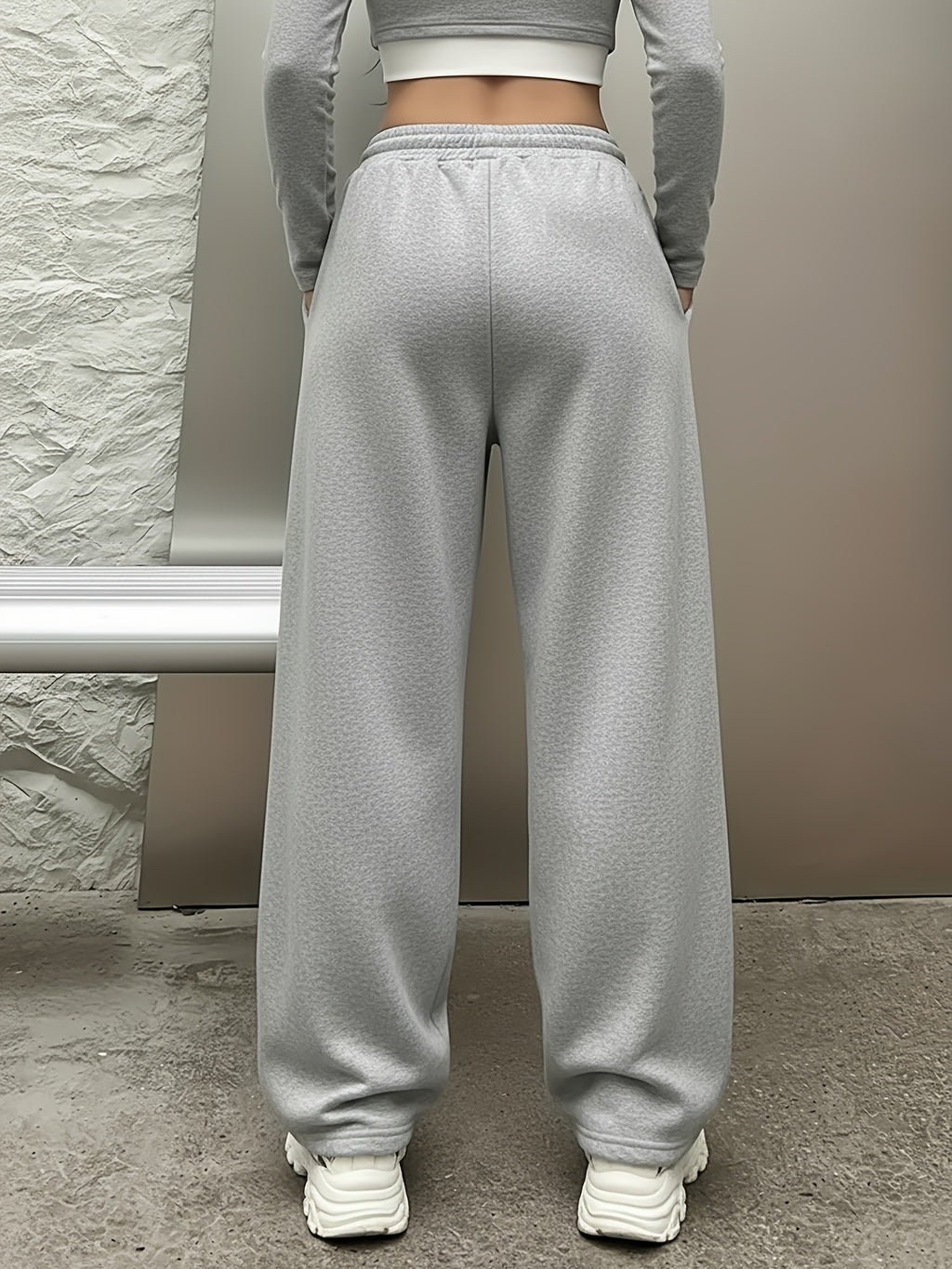Be Yourself" Purple Butterfly Pattern Print, Casual Sporty Straight-Leg Pants, Women's Elastic Waist Drawstring Wide-Leg Long Pants, All-Season Women's Trousers - Grey